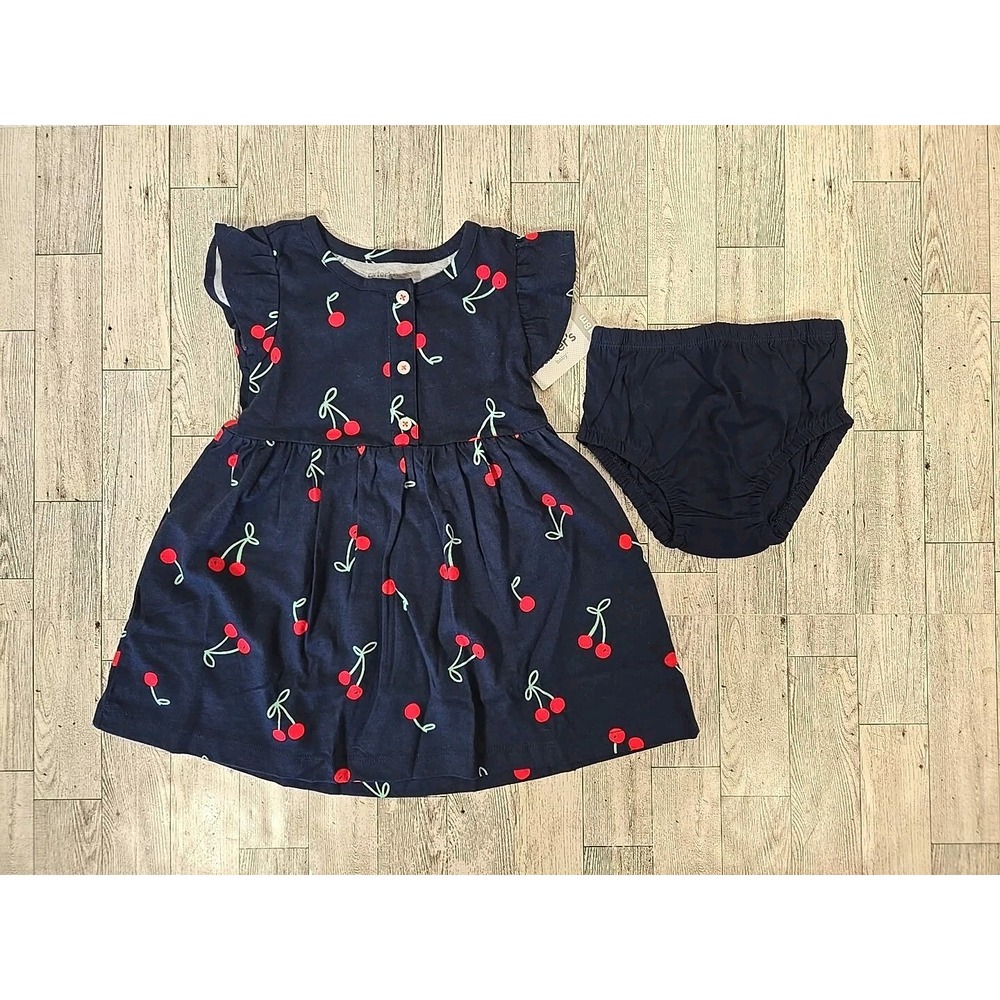Carters Dress Set 18 Months Girls Navy Dress Bloomers Cherry Print Cotton NEW